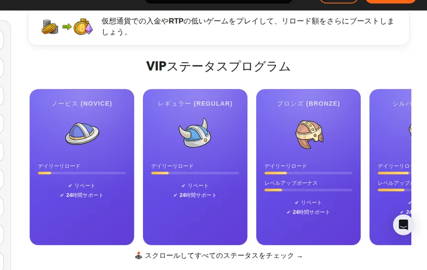 カジノエックスのVIPステータス一覧（ノービス、レギュラー、ブロンズなど）