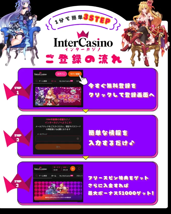 InterCasino three-step registration: sign up free, enter basic details, get free spins