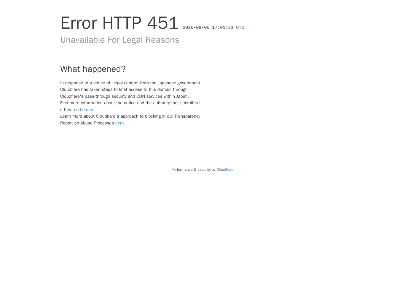 ジョイカジノ公式ドメインが日本からHTTP451を返す画面