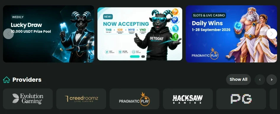 BetGoatのトップページ（プロモーションとプロバイダー）
