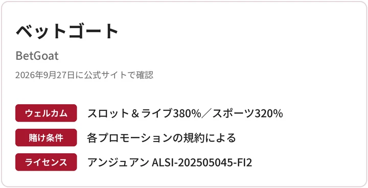 ベットゴート（BetGoat）の概要：ウェルカム、賭け条件、ライセンス