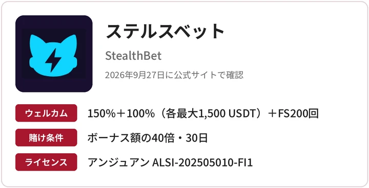 ステルスベット（StealthBet）の概要：ウェルカム、賭け条件、ライセンス