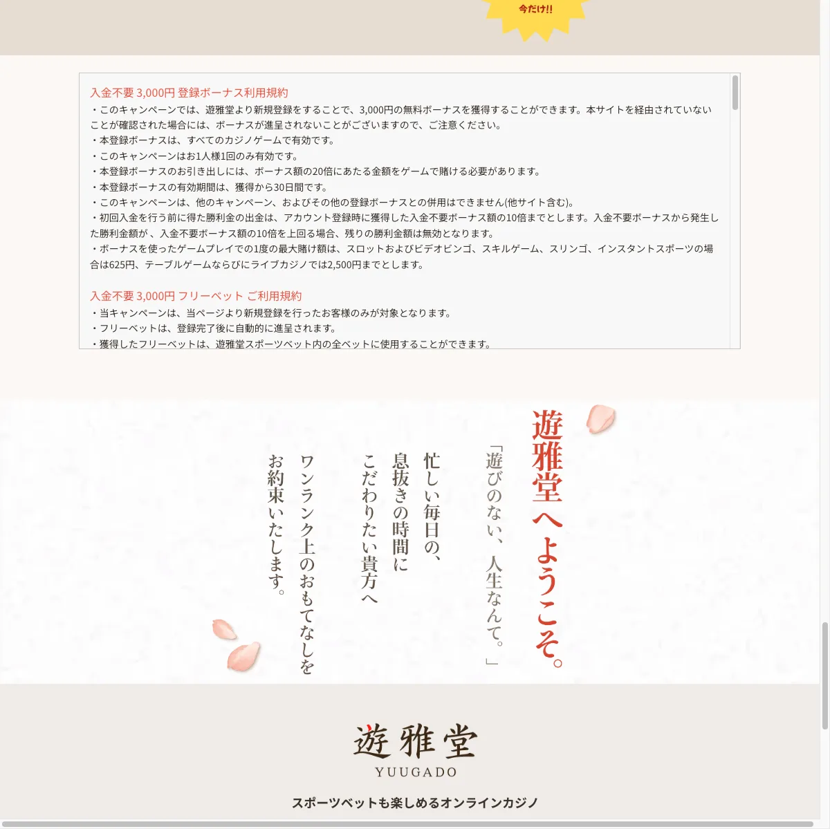 遊雅堂キャンペーンページの登録ボーナス利用規約