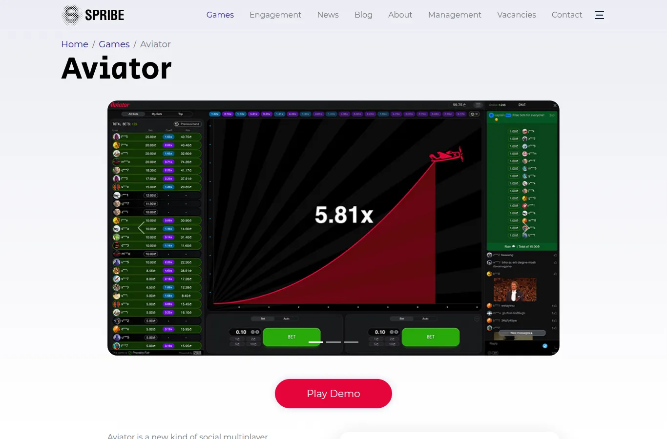 Spribe公式サイトのアビエーターのページ：ゲーム画面（倍率のグラフ、2つの賭けのパネル、他のプレイヤーの賭けとチャット）