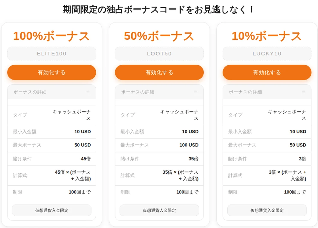 カジノエックス公式の仮想通貨入金限定コードELITE100・LOOT50・LUCKY10の条件