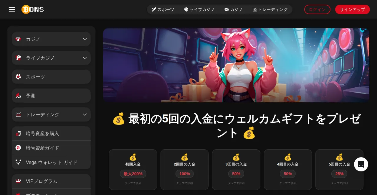 ボンズカジノのウェルカムギフト(5回の入金ボーナス)