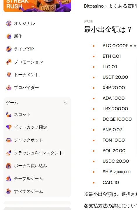 ビットカジノのヘルプ「最小出金額は？」