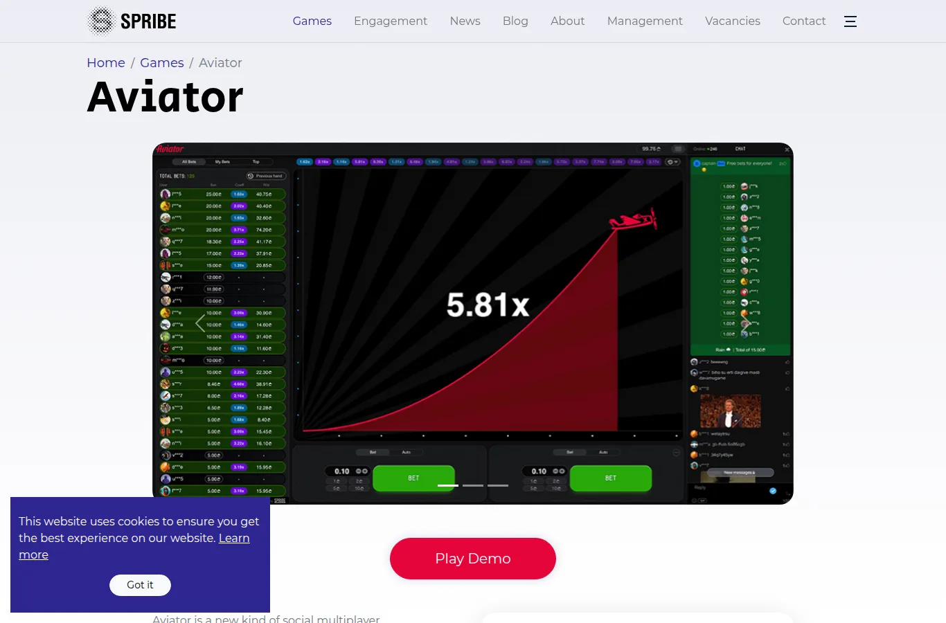 Spribe公式サイトのAviatorのページ RTP97% Mini Game