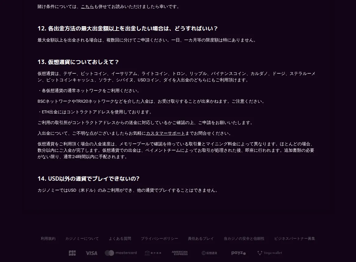カジノミー公式よくある質問「支払い」:最大額以上の出金、仮想通貨15種類とBSC・TRX20の注意、USDのみ
