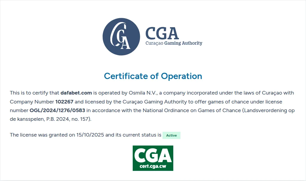 キュラソー・ゲーミング機構(CGA)の証明書ページ(Osmila N.V.、OGL/2024/1276/0583、Active)