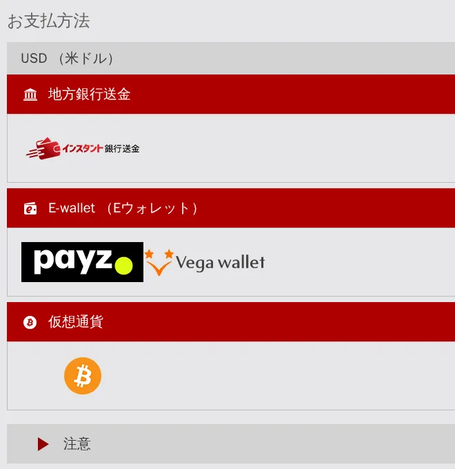 ダファベットの入出金方法ページ(地方銀行送金・Payz・Vega wallet・ビットコイン)