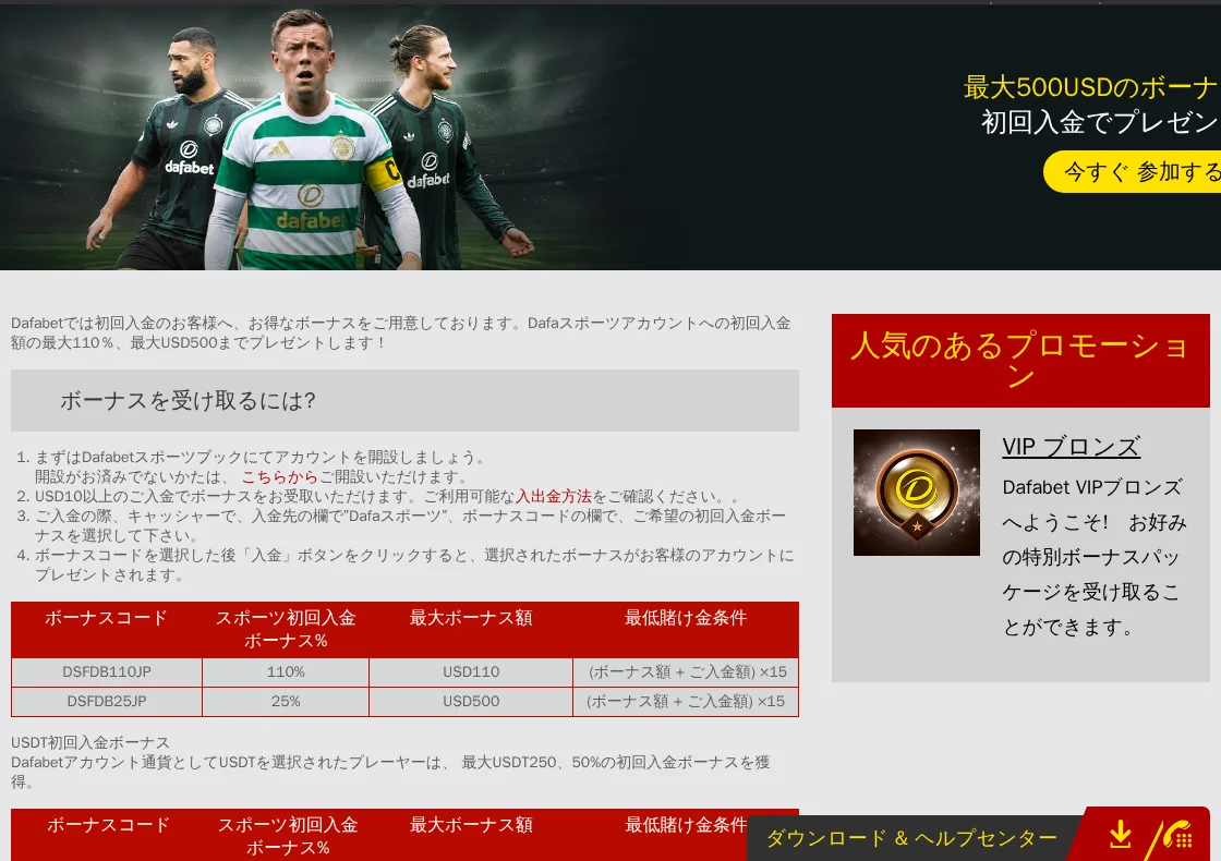 ダファベットのDafaスポーツ初回入金ボーナス(ボーナスコードDSFDB110JP・DSFDB25JP)