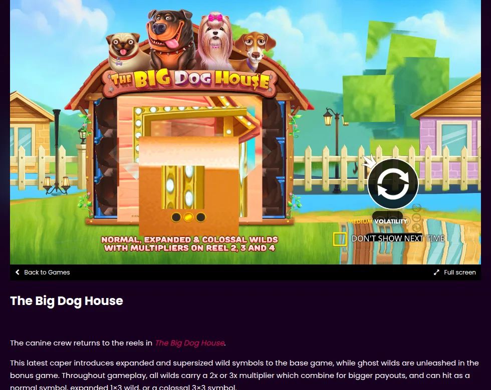 Pragmatic Play公式サイトのThe Big Dog Houseのページ（通常・拡大・3×3の巨大ワイルド）