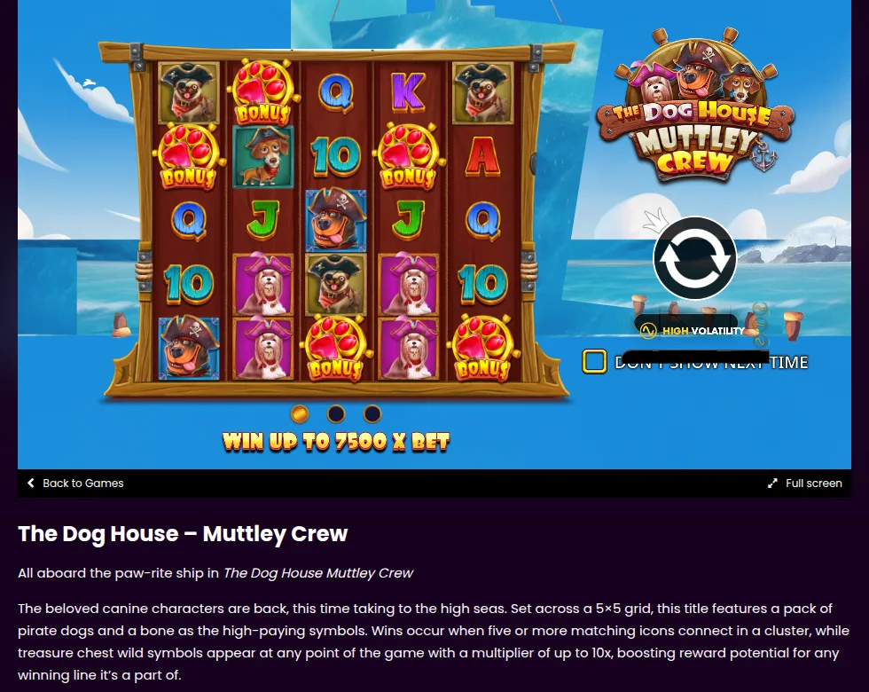 Pragmatic Play公式サイトのThe Dog House – Muttley Crewのページ（5×5・クラスター型、最大7,500倍の表示）