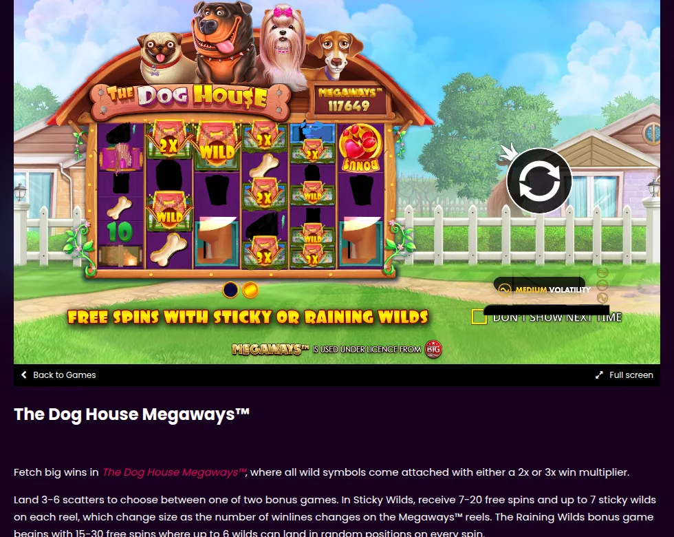 Pragmatic Play公式サイトのThe Dog House Megawaysのページ（スティッキーワイルドとレイニングワイルドの2種類のフリースピン）