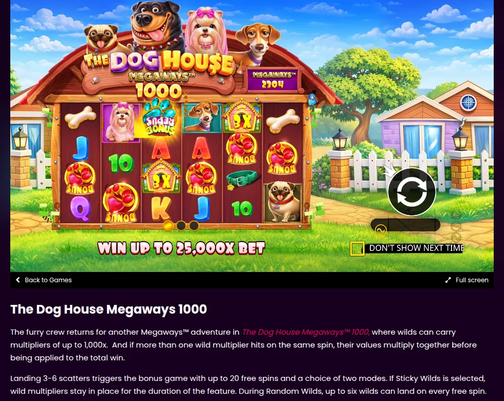 Pragmatic Play公式サイトのThe Dog House Megaways 1000のページ（最大25,000倍の表示）