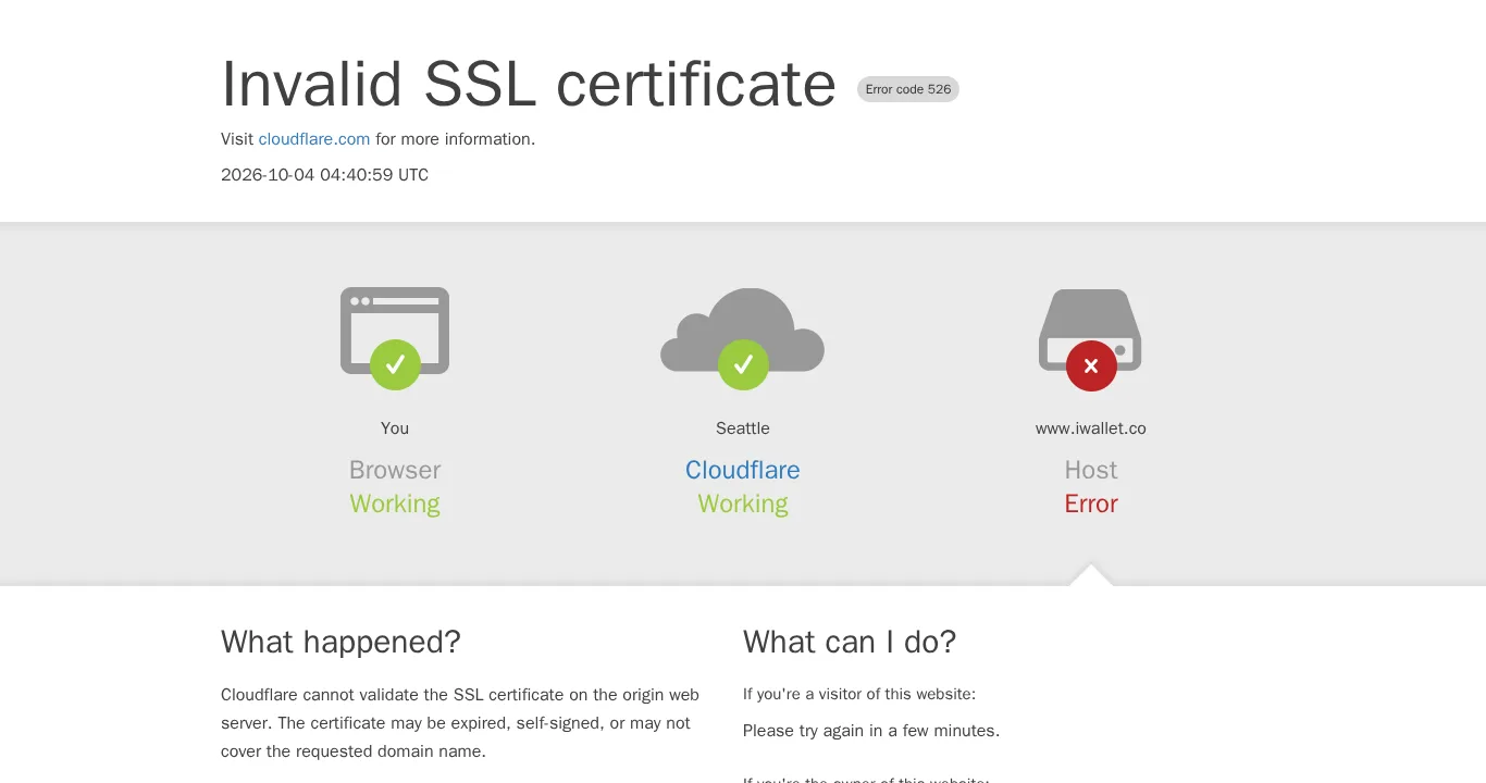 iwallet.coを開いた画面（Cloudflareのエラー526 Invalid SSL certificate）