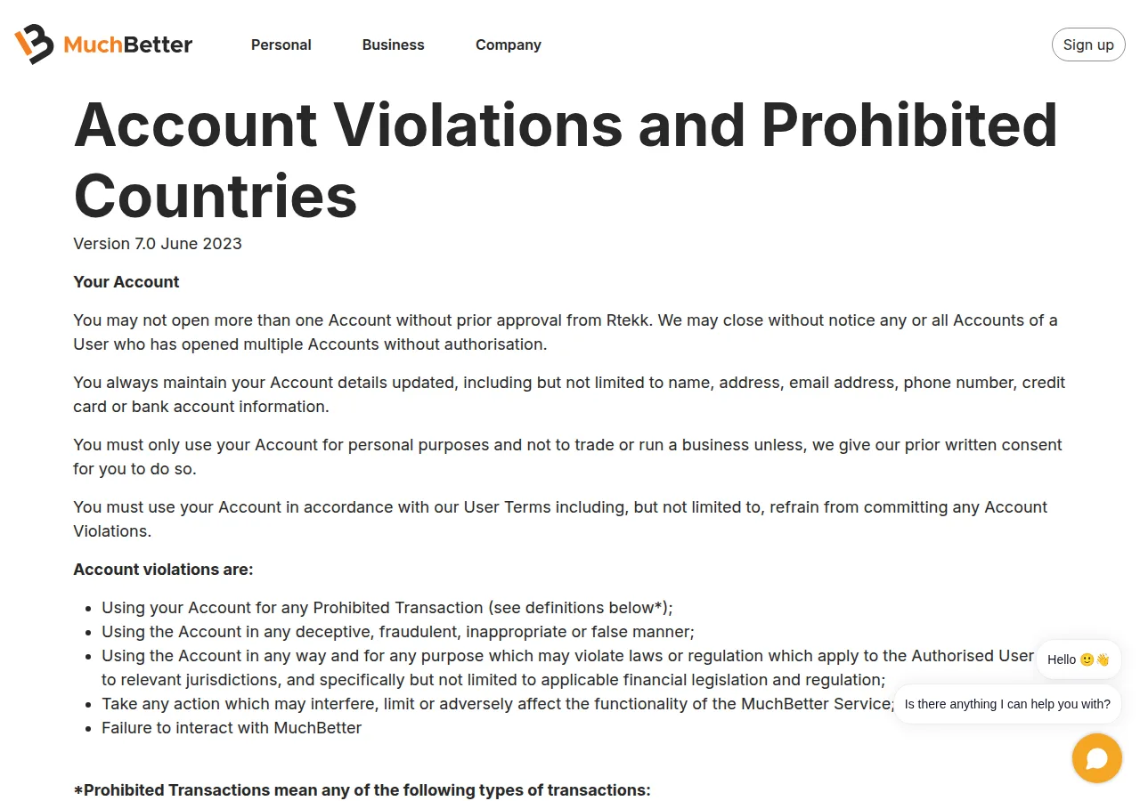MuchBetter「Account Violations and Prohibited Countries」ページの冒頭（Version 7.0 June 2023）