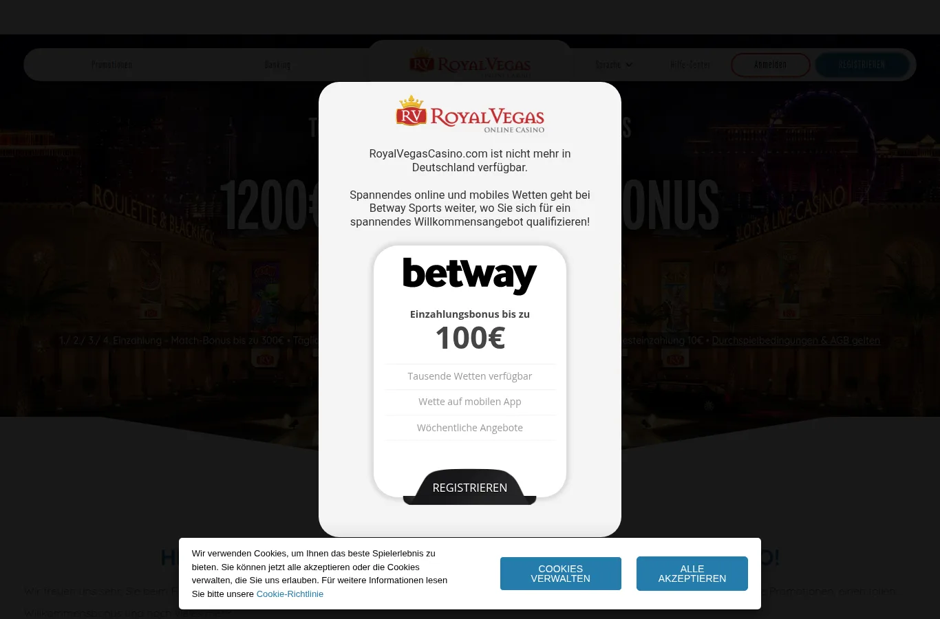 royalvegascasino.comをドイツから開いた画面（RoyalVegasCasino.com ist nicht mehr in Deutschland verfügbar）