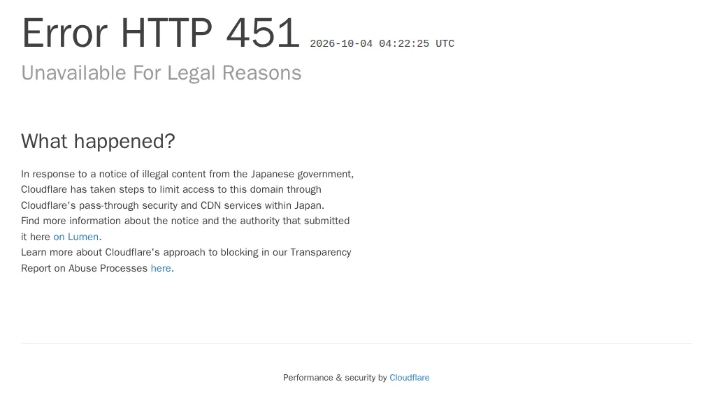 Sportsbet.ioを日本から開いたときのHTTP 451の画面