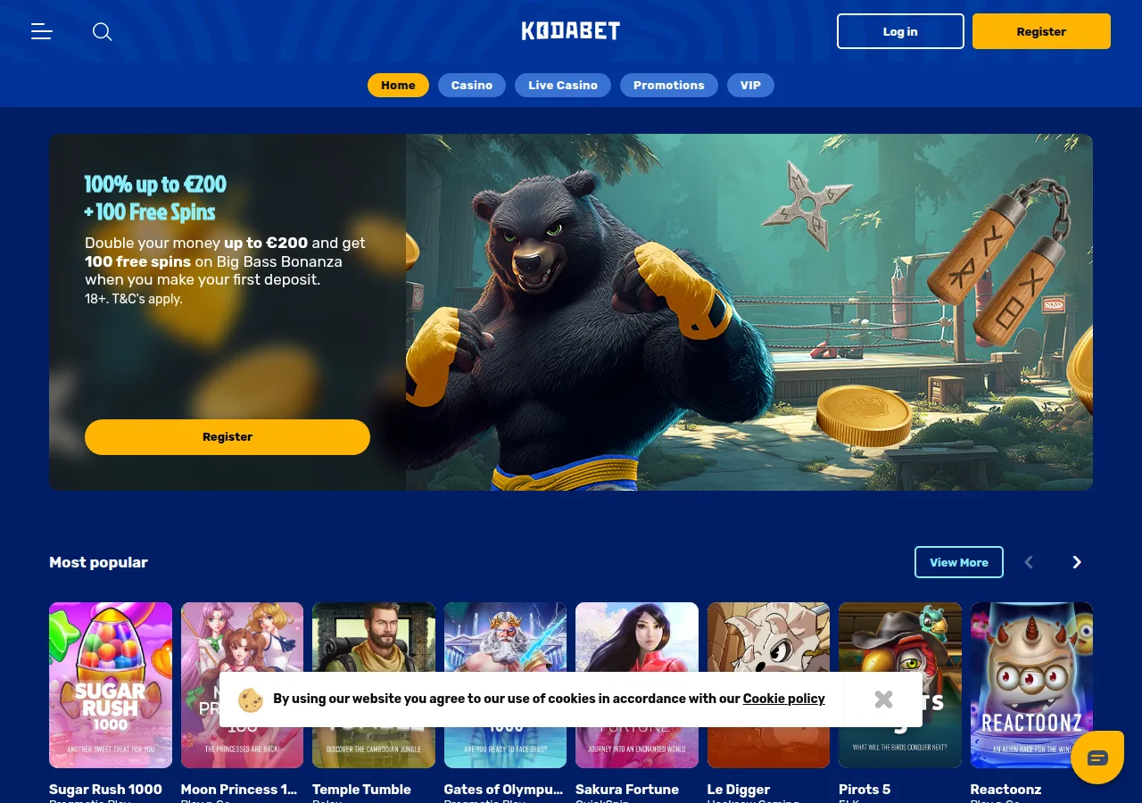 後継ブランドKodaBetのトップページ（英語、100% up to €200 + 100 Free Spins）