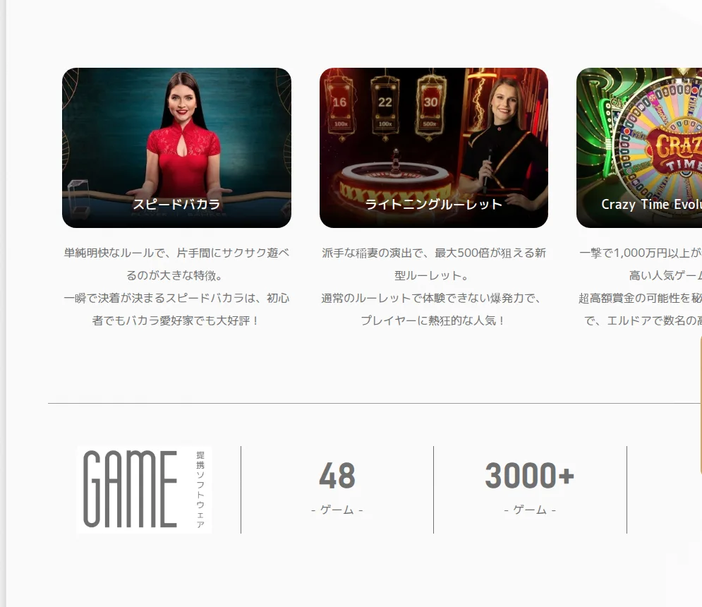 エルドアカジノの「エルドアとは」ページ(48ゲーム会社・3,000以上のゲーム)