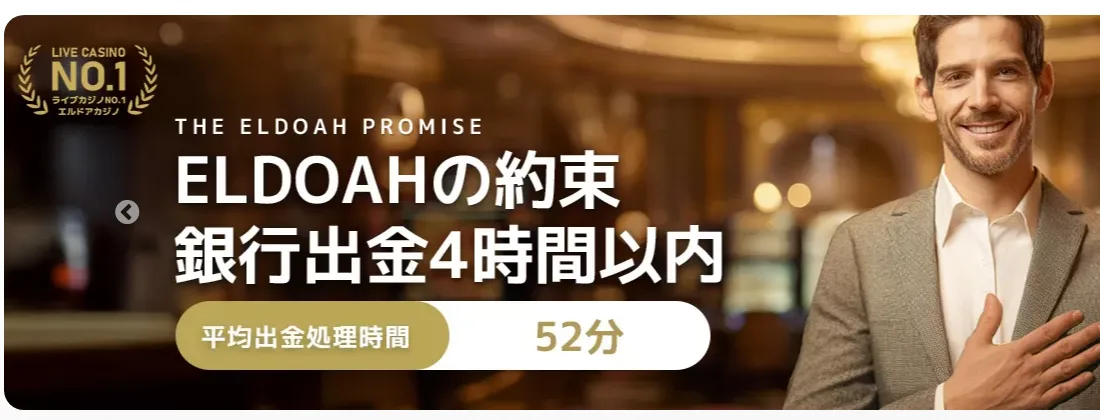 エルドアカジノのトップページのバナー「ELDOAHの約束 銀行出金4時間以内・平均出金処理時間52分」