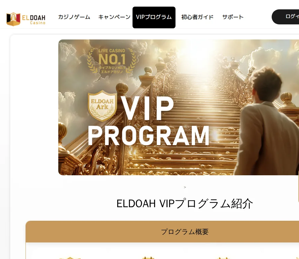 エルドアカジノのVIPプログラムページ(ローリングチップ・ウィークリー/マンスリーキャッシュバック・降格なし)