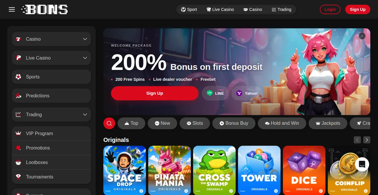 Bons Casino home page in English with the 200% welcome package