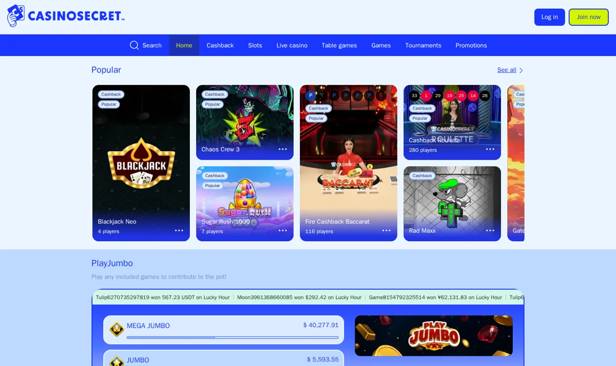 Casino Secret home page in English with the Cashback tab