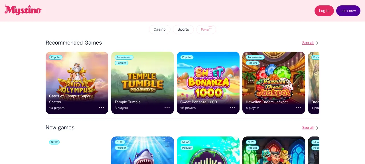 Mystino home page in English with Casino, Sports and Poker tabs