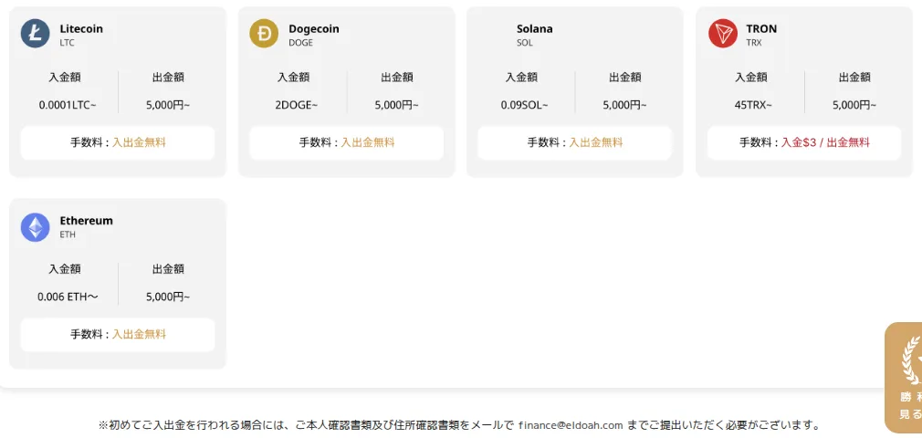 エルドアカジノの入出金方法ページ（イーサリアムの入金額0.006 ETH〜・出金額5,000円〜・入出金無料）