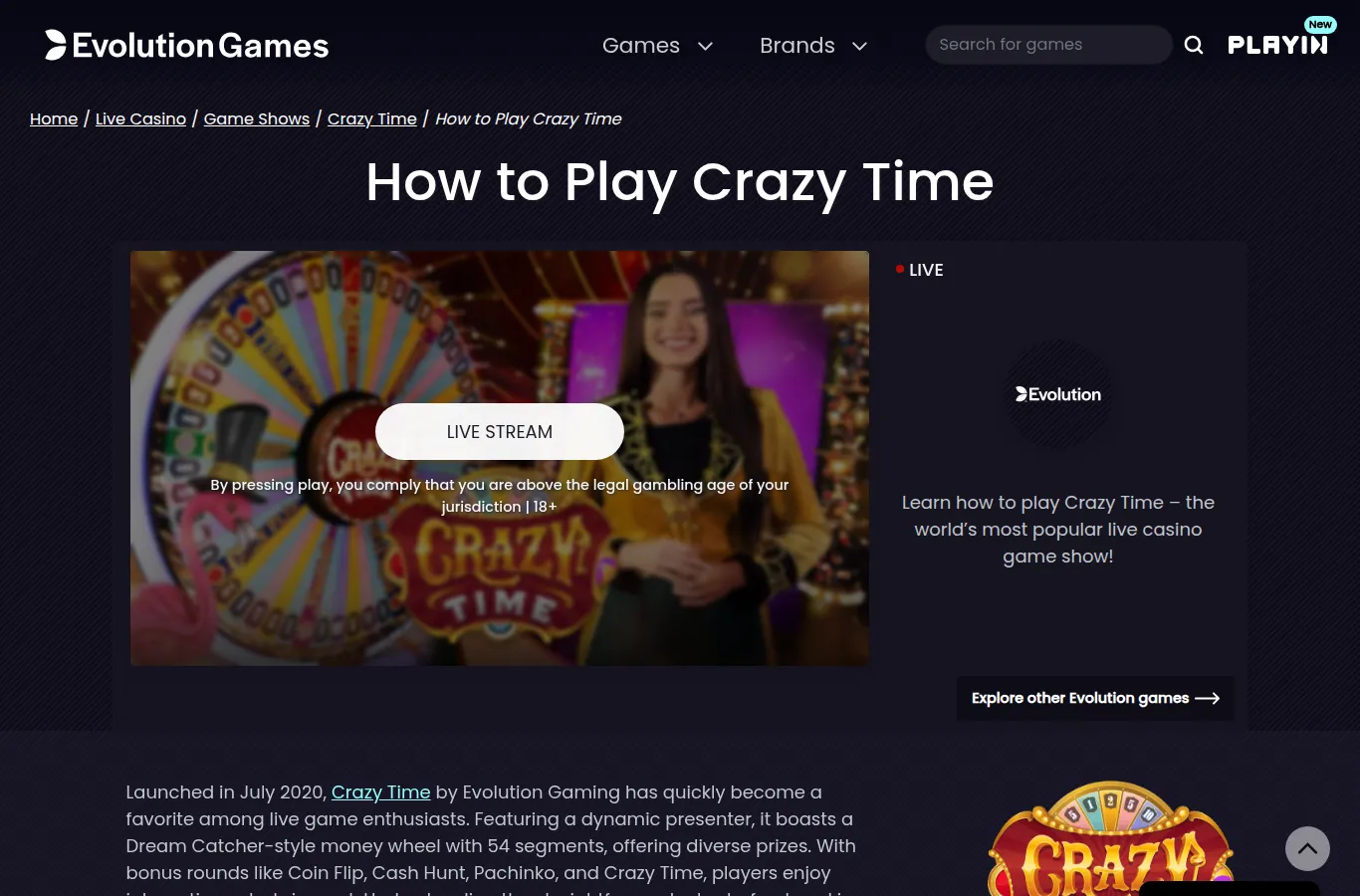 Evolution公式サイト「How to Play Crazy Time」:2020年7月登場、54マスのホイールと4つのボーナスゲーム