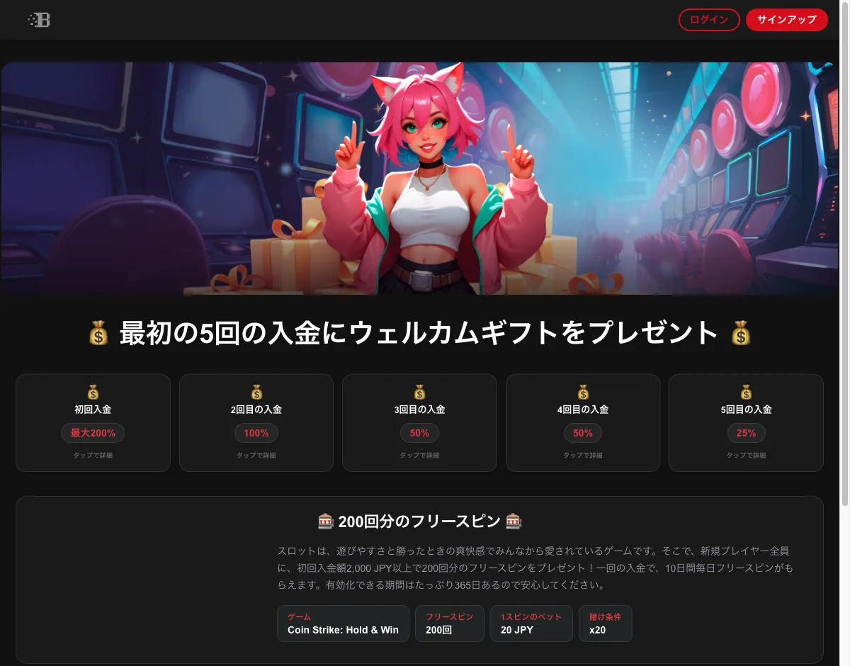 ボンズカジノのウェルカムギフトのページ（最初の5回の入金に最大200%）