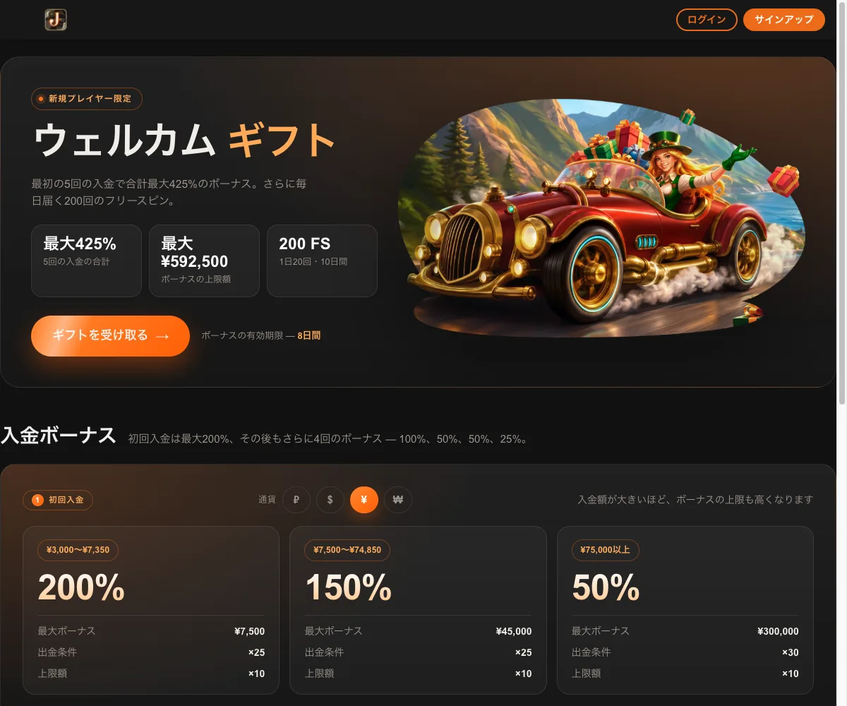 ジョイカジノのウェルカムギフトのページ（5回の入金で最大425%）
