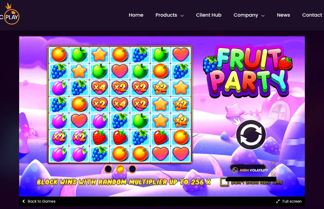 Pragmatic Play公式サイトのフルーツパーティーのデモ画面（7×7グリッド、HIGH VOLATILITYの表示）