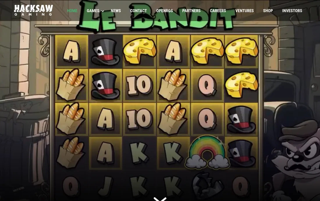 Hacksaw Gaming公式サイトのトップページ(Le Banditのリール画面)