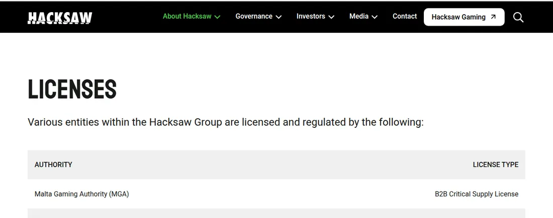 Hacksawグループ公式サイトのライセンス一覧（マルタゲーミング庁・英国ギャンブル委員会など）