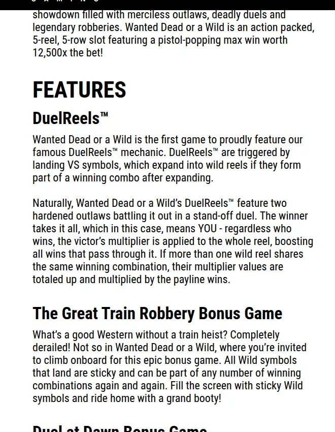 Wanted Dead or a WildのDuelReels（デュエルリール）とボーナスゲームの説明（公式サイト）