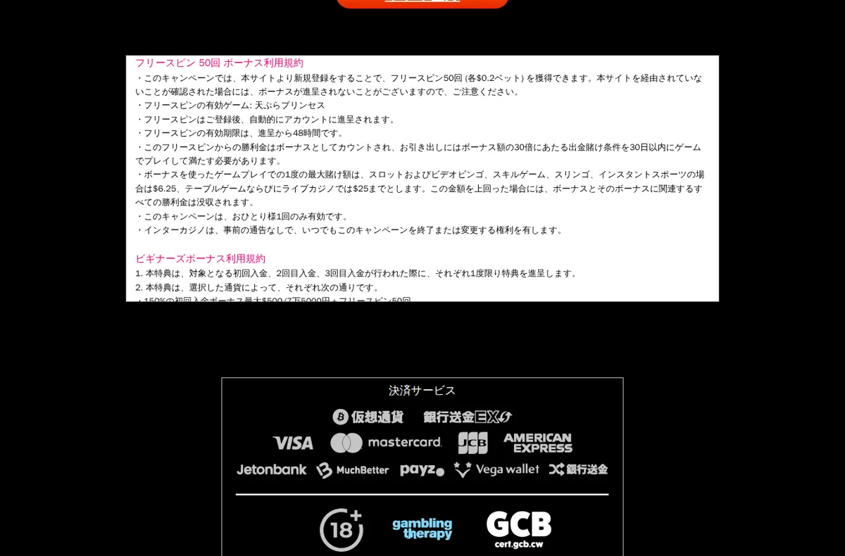 インターカジノのフリースピン50回ボーナス利用規約と決済サービスのロゴ