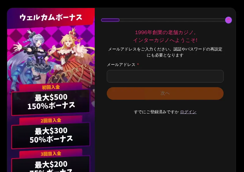 インターカジノの新規登録画面(メールアドレスの入力とウェルカムボーナス)