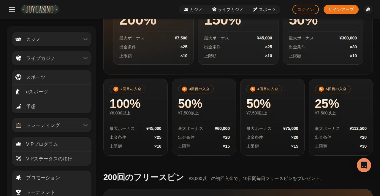 ジョイカジノのウェルカムギフト2〜5回目の入金ボーナス