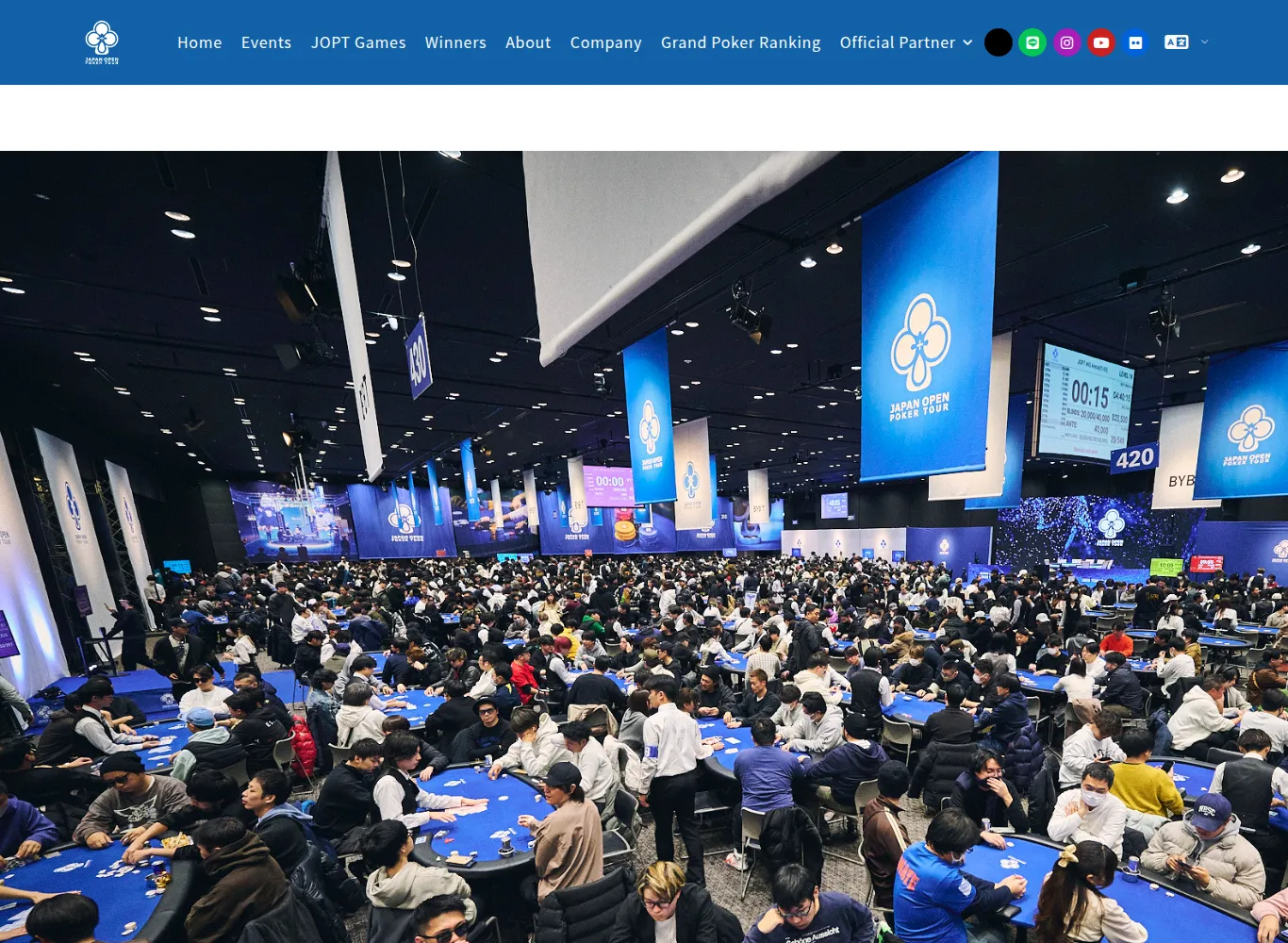 Japan Open Poker Tour English guide page with a full tournament hall