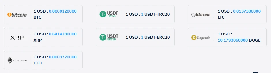 コニベットで使える仮想通貨(BTC・USDT-TRC20・LTC・XRP・USDT-ERC20・DOGE・ETH)