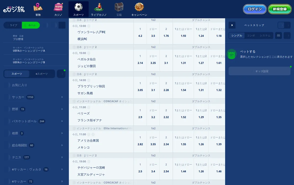 カジ旅スポーツ J2の試合一覧と1X2・ダブルチャンスのオッズ