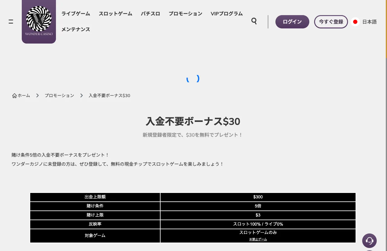 ワンダーカジノの入金不要ボーナス$30のページ（出金上限$300・賭け条件5倍・賭け上限$3）
