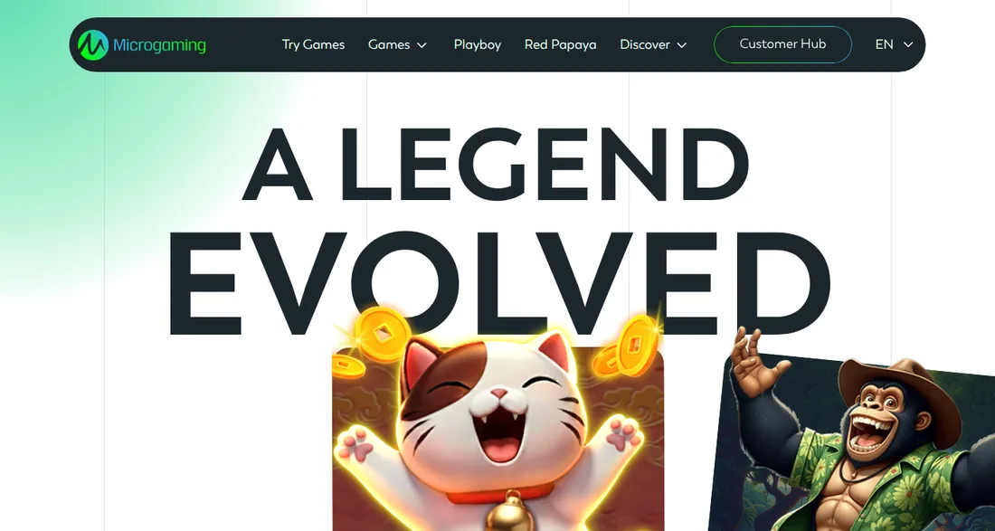 マイクロゲーミング公式サイトmicrogaming.ioのトップページ「A LEGEND EVOLVED」