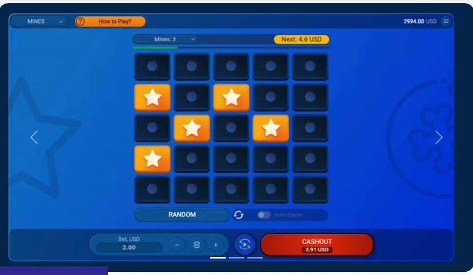 Spribe公式サイトのMines（マインズ）のゲーム画面（5×5のマスと星、地雷3個、CASHOUTボタン）
