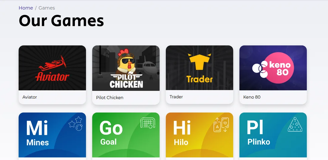 Spribe公式サイトのゲーム一覧（Aviator、Mines、Goal、Hilo、Plinkoなど）