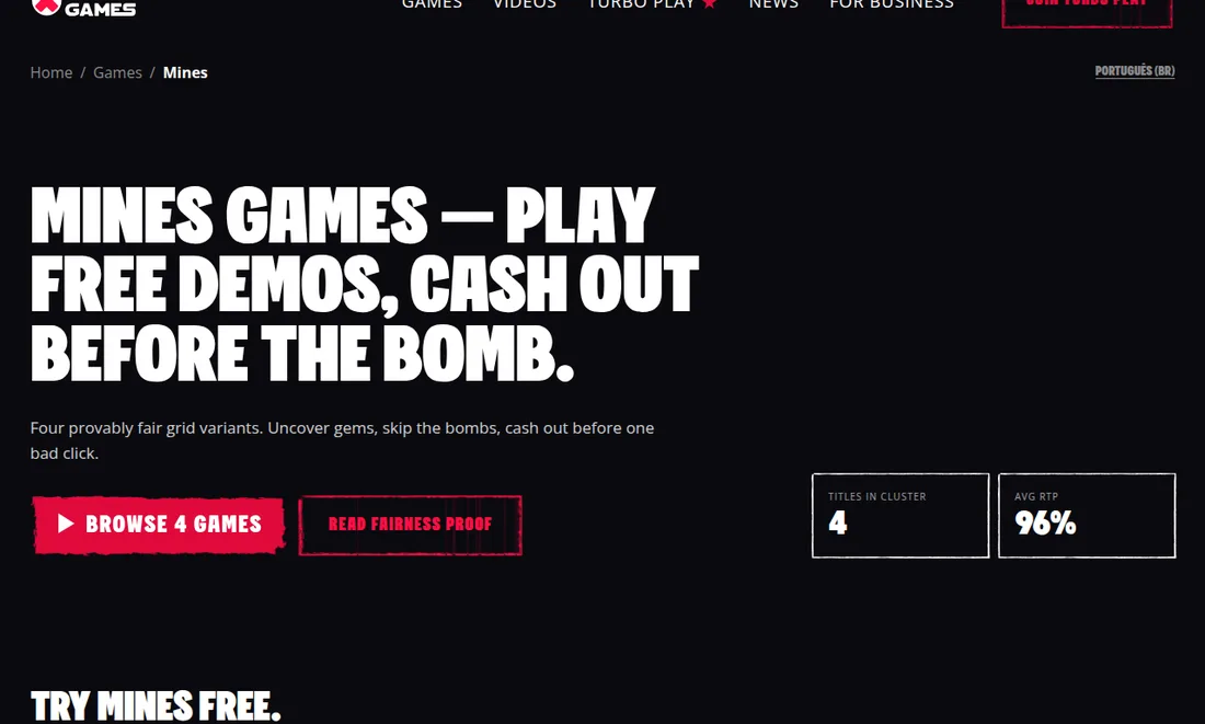 Turbo Games公式サイトのMinesシリーズのページ（4タイトル・平均RTP96%）